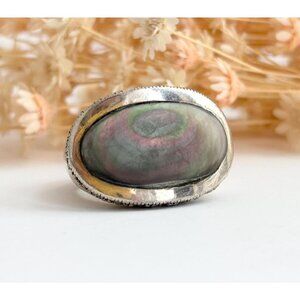 Modernist Abalone Solitaire Marcasite Sterling Silver Vintage Ring - sz 5.75